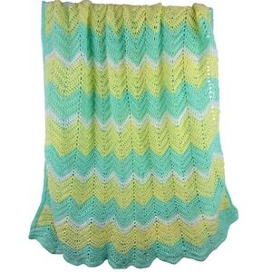Handmade Crochet Baby Blanket Mint Green Yellow Chevron Afghan 58x52